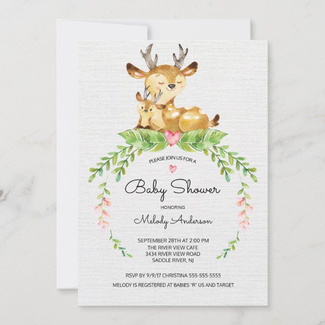 Invitation au Baby shower de cerfs de bois doux (Devant)