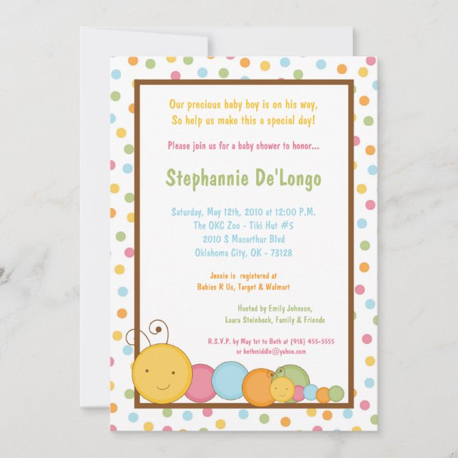 Invitation au Baby shower de chenilles de printemp (Devant)