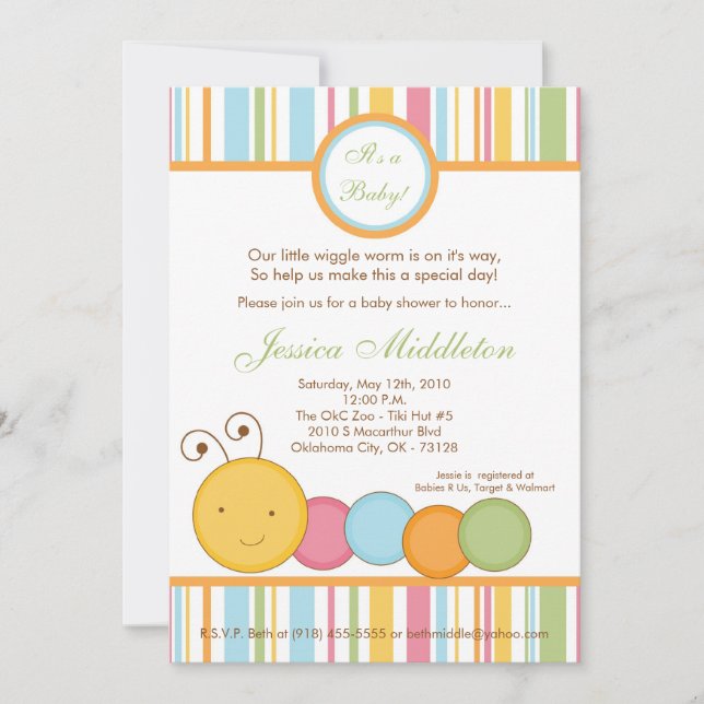 Invitation au Baby shower de chenilles de printemp (Devant)