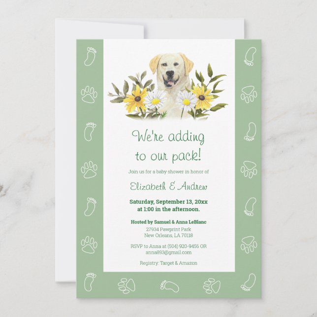 Invitation au Baby shower de chien vert jaune du L (Devant)