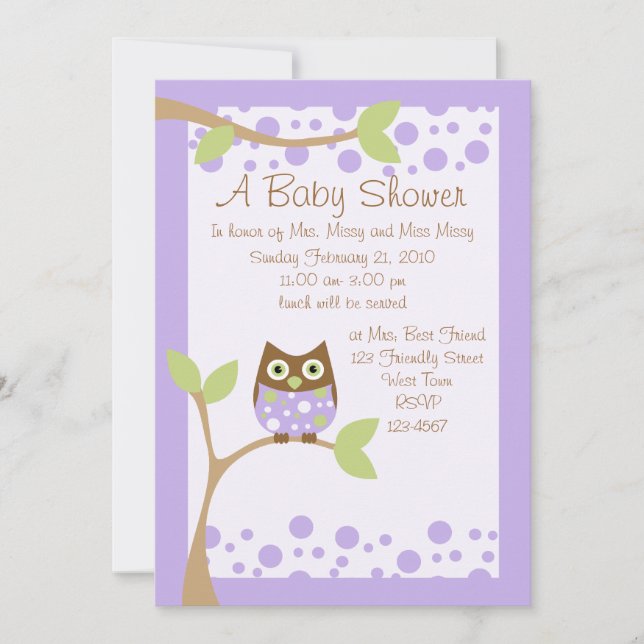 Invitation au Baby shower de Chouette pourpre (Devant)
