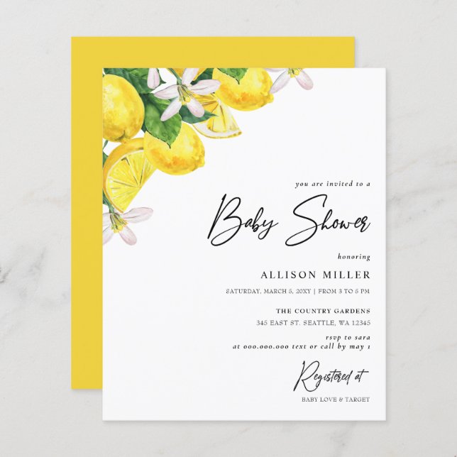 Invitation au Baby shower de citron jaune Budget (Devant / Derrière)