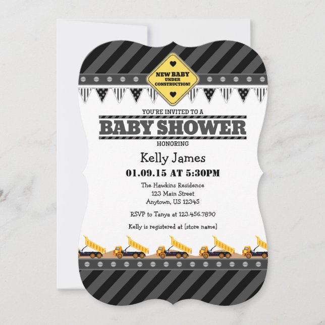 Invitation au Baby shower de construction noir gri (Devant)