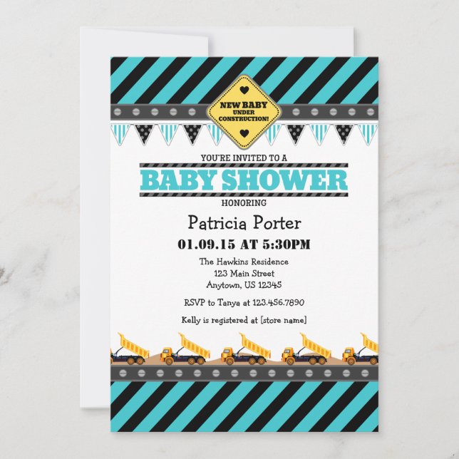 Invitation au Baby shower de construction Turquois (Devant)