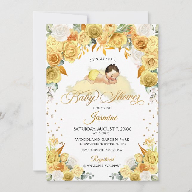 Invitation au Baby shower de couchage floral jaune (Devant)