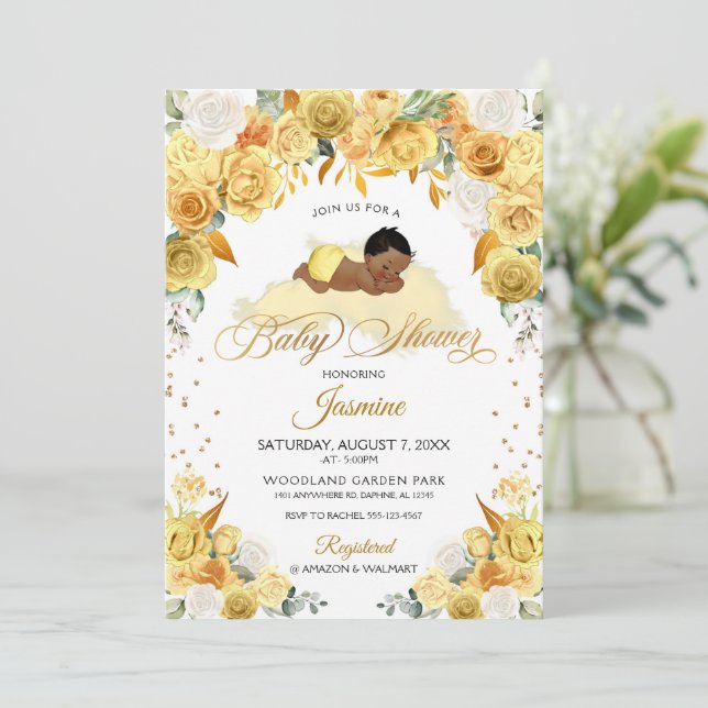 Invitation au Baby shower de couchage floral jaune (Debout devant)