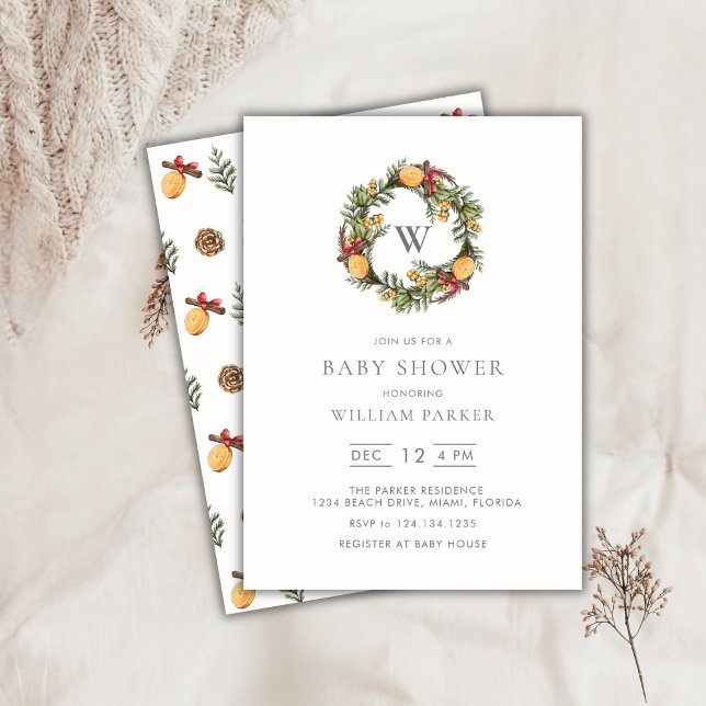 Invitation au Baby shower de couronne de monogramm (Winter Monogram Wreath Baby Shower Invitation)