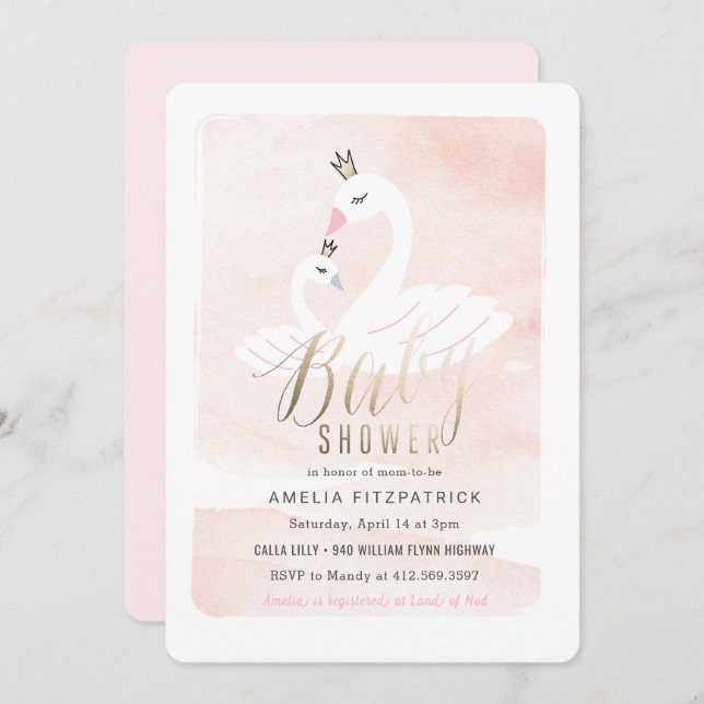Invitation au Baby shower de cygne doux avec huile (Devant / Derrière)