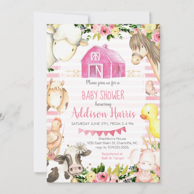 Invitation au Baby shower de ferme pour filles (Devant)