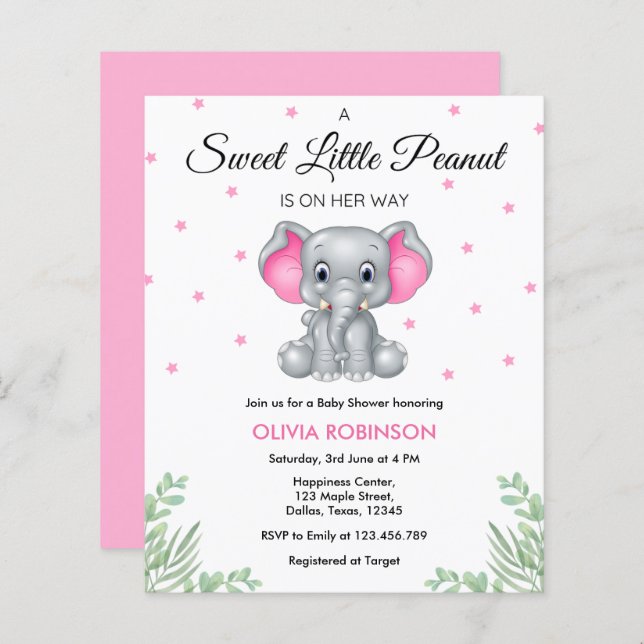 Invitation au Baby shower de fille rose éléphant b (Devant / Derrière)