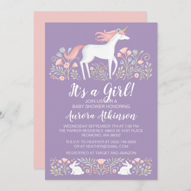 Invitation au Baby shower de fille Unicorn (Devant / Derrière)
