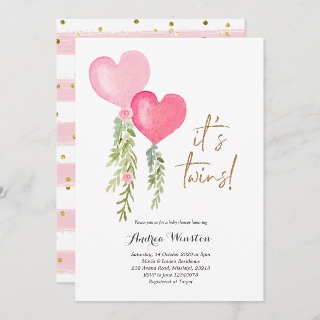 Invitation au Baby shower de filles de Balloon Twi (Devant / Derrière)