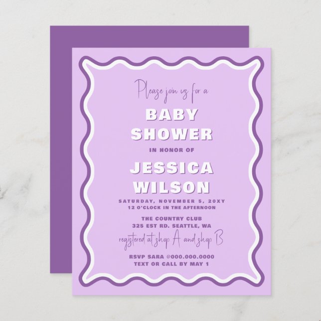 Invitation au Baby shower de filles violettes à bu (Devant / Derrière)