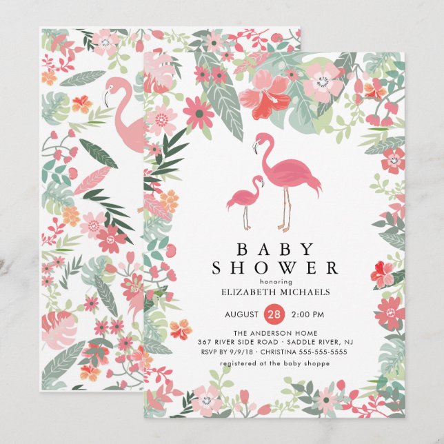 Invitation au Baby shower de Flamant rose tropical (Devant / Derrière)