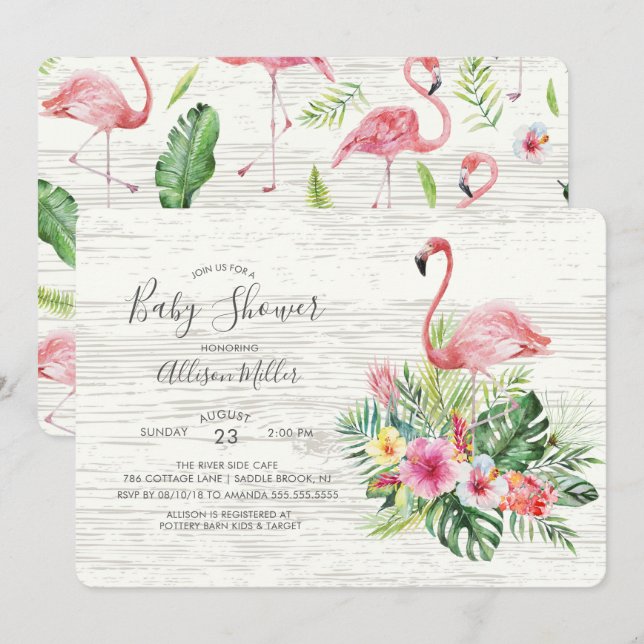 Invitation au Baby shower de Flamant rose tropical (Devant / Derrière)
