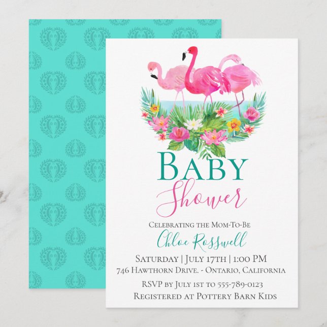 Invitation au Baby shower de Flamant rose tropical (Devant / Derrière)