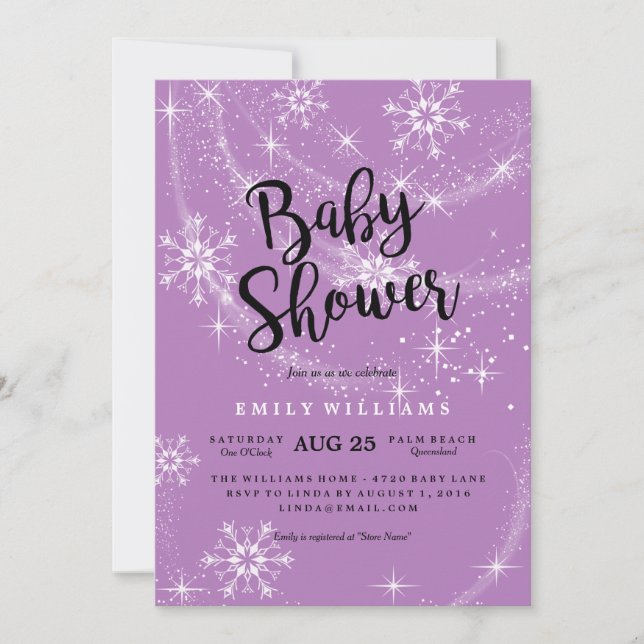 Invitation au Baby shower de flocon de neige viole (Devant)