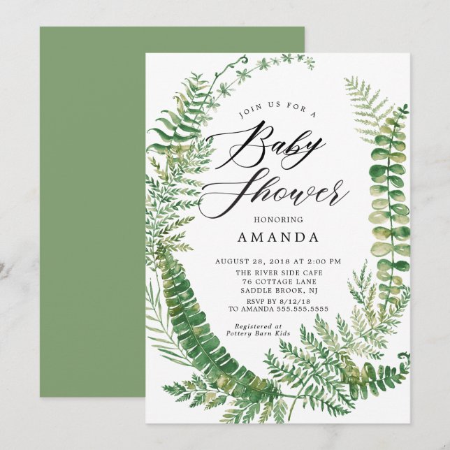 Invitation au Baby shower de fougères botaniques (Devant / Derrière)