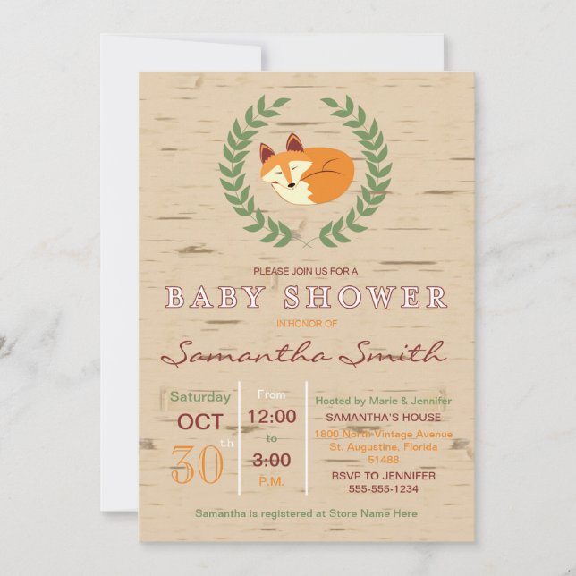 Invitation au Baby shower de Fox couché de bois (Devant)