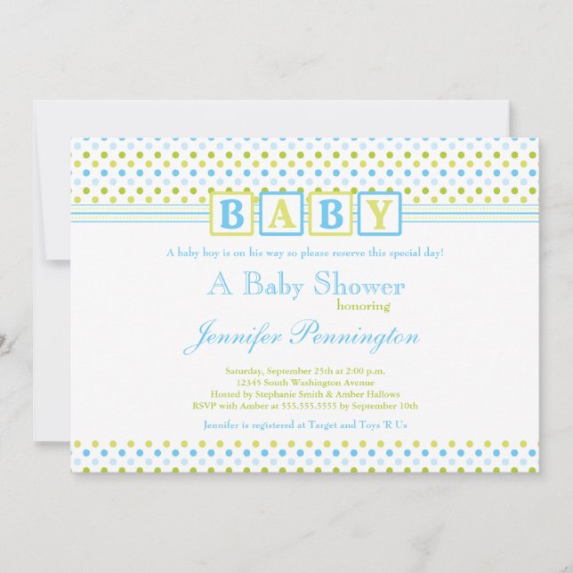Invitation au baby shower de garçon bleu vert à pe (Devant)