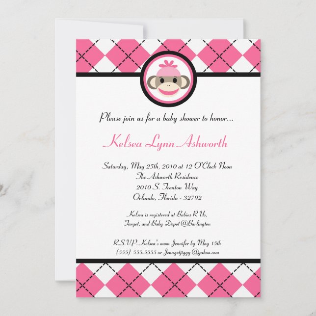 Invitation au Baby shower de jouet de singe rose 5 (Devant)