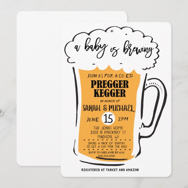 Invitation au Baby shower de la bière Pregger Kegg (Devant / Derrière)