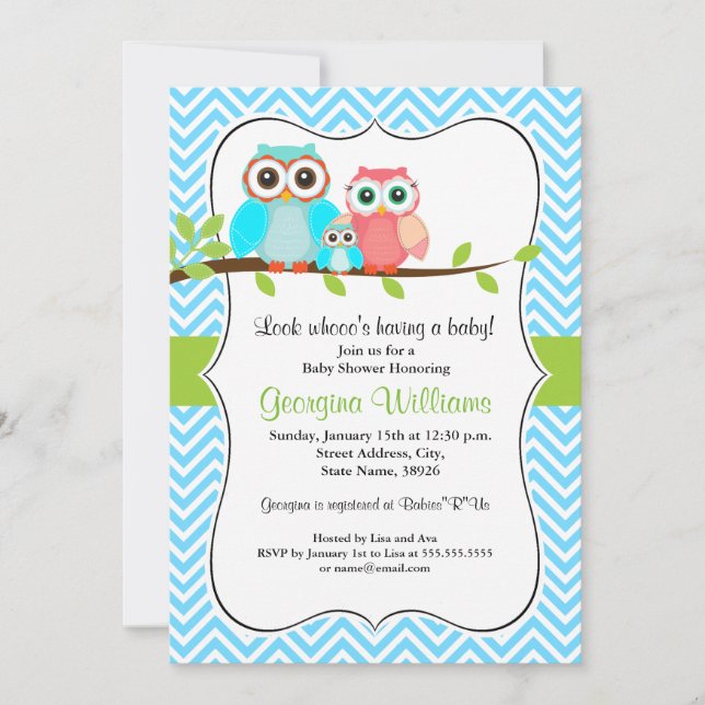 Invitation au Baby shower de la chouette bleue (Devant)