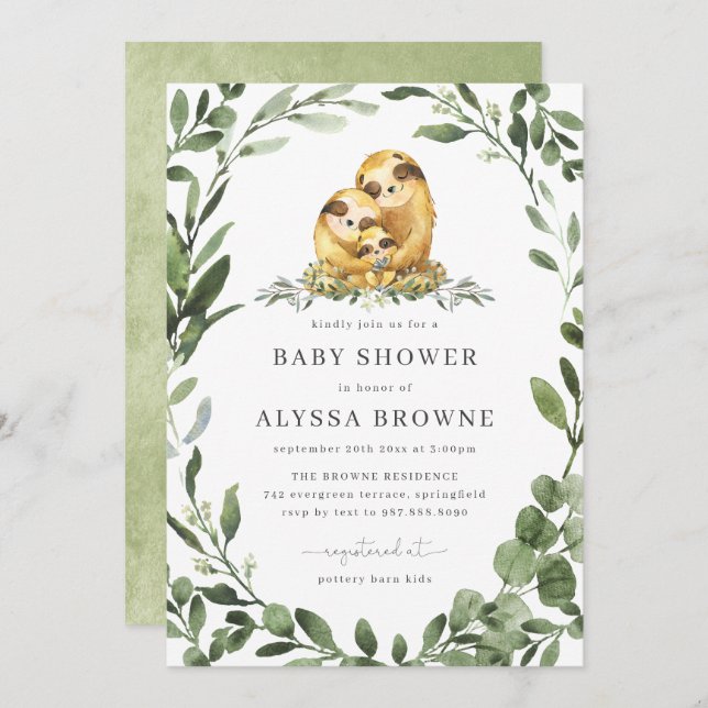 Invitation au Baby shower de la famille Sloth (Devant / Derrière)