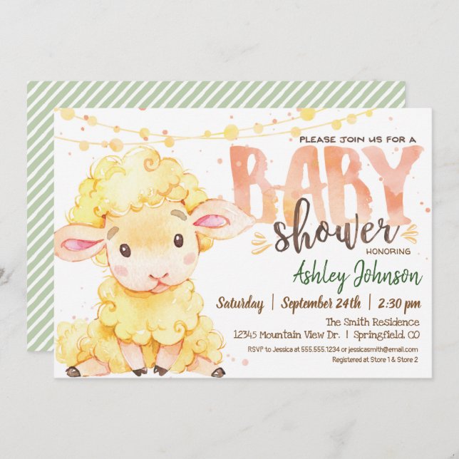 Invitation au Baby shower de la ferme des moutons (Devant / Derrière)