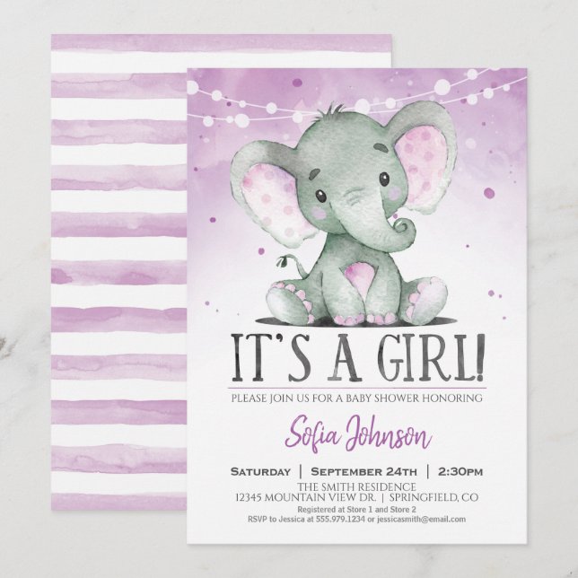 Invitation au Baby shower de la fille Eléphant Vio (Devant / Derrière)