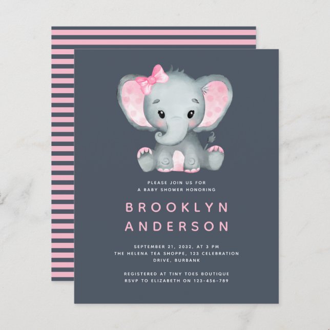 Invitation au Baby shower de la fille éléphante BU (Devant / Derrière)