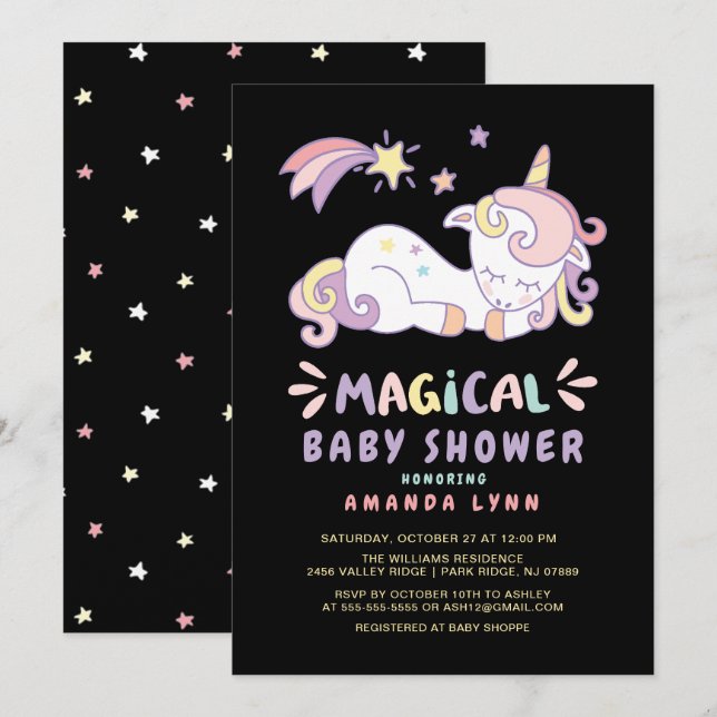 Invitation au Baby shower de la licorne magique (Devant / Derrière)