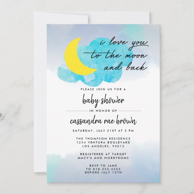 Invitation au Baby shower de la lune et du dos (Devant)