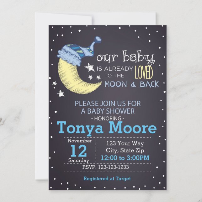 Invitation au Baby shower de la Lune et du dos (ga (Devant)