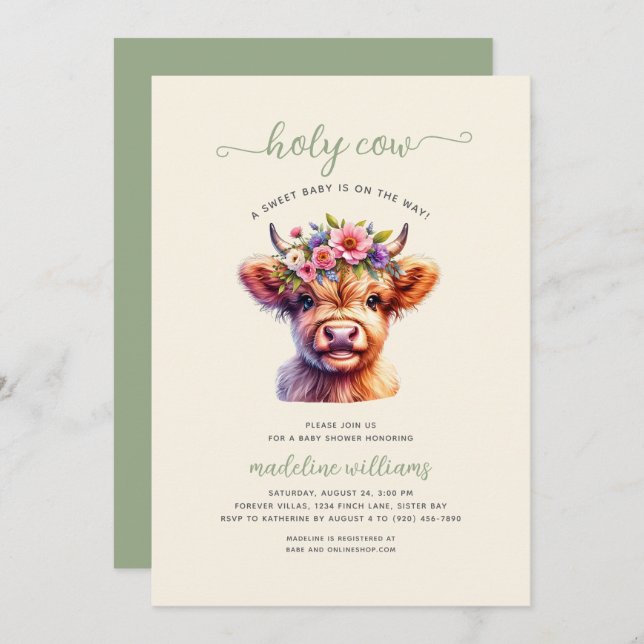 Invitation au Baby shower de la vache Highland Hol (Devant / Derrière)