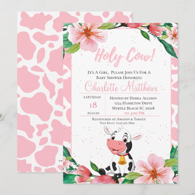 Invitation au Baby shower de la vache Sainte (Devant / Derrière)
