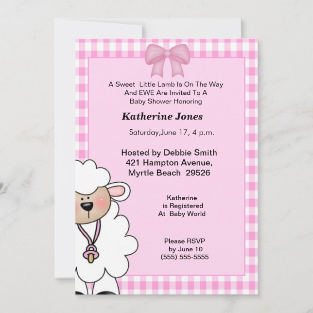 Invitation au Baby shower de l'agneau mignonne (Devant)