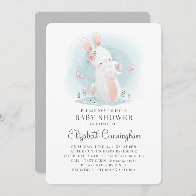 Invitation au Baby shower de lapin d'Aquarelle Mam (Devant / Derrière)