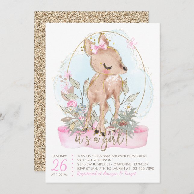 Invitation au Baby shower de Little Deer (Devant / Derrière)
