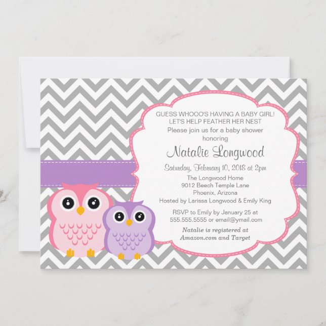 Invitation au Baby shower de Little Owls, fille (Devant)