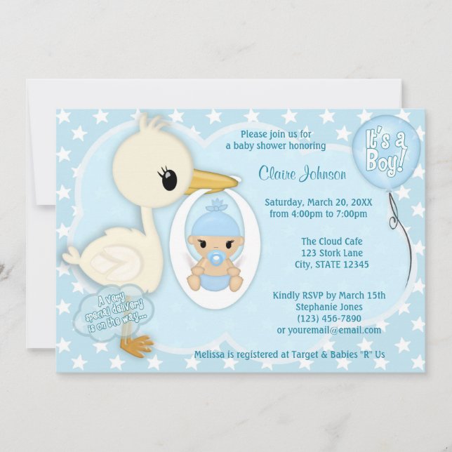 Invitation au baby shower de livraison de la cigog (Devant)