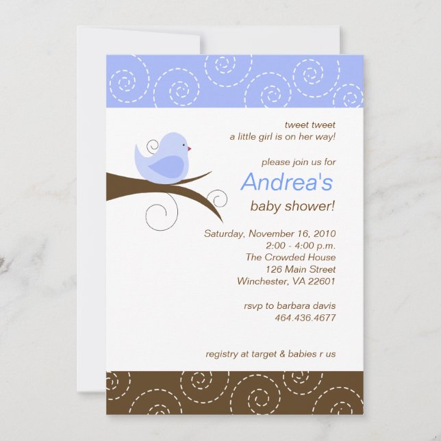 Invitation au Baby shower de l'oiseau Tourbillonna (Devant)