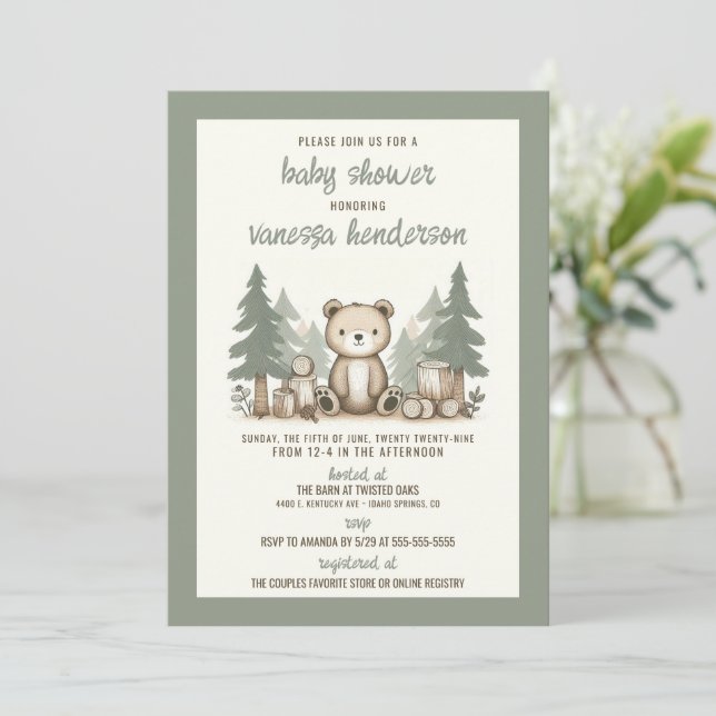 Invitation au Baby shower de l'ours forestier (Debout devant)