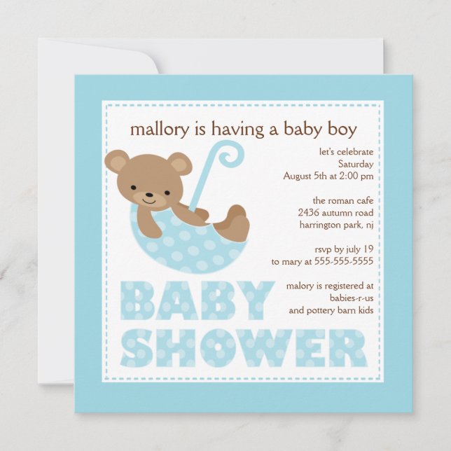 Invitation au Baby shower de l'Ours Parapluie (Devant)
