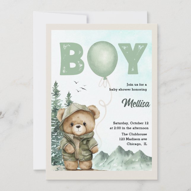 Invitation au Baby shower de l'ours pour bébé garç (Devant)