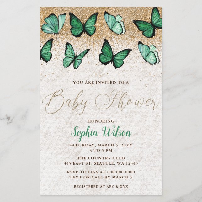 Invitation au Baby shower de papillon vert Budget (Devant)