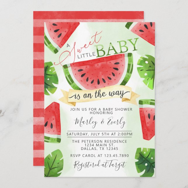 Invitation au Baby shower de pastèque rouge tropic (Devant / Derrière)