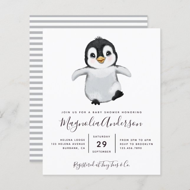 Invitation au Baby shower de pingouin mignon du bu (Devant / Derrière)
