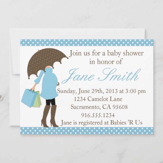 Invitation au Baby shower de points Polka bleu et  (Devant)