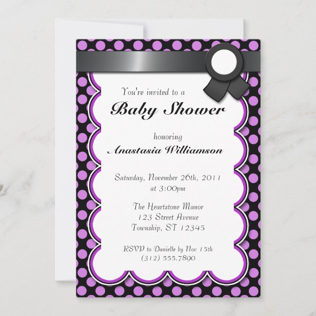 Invitation au Baby shower de points Polka violet e (Devant)